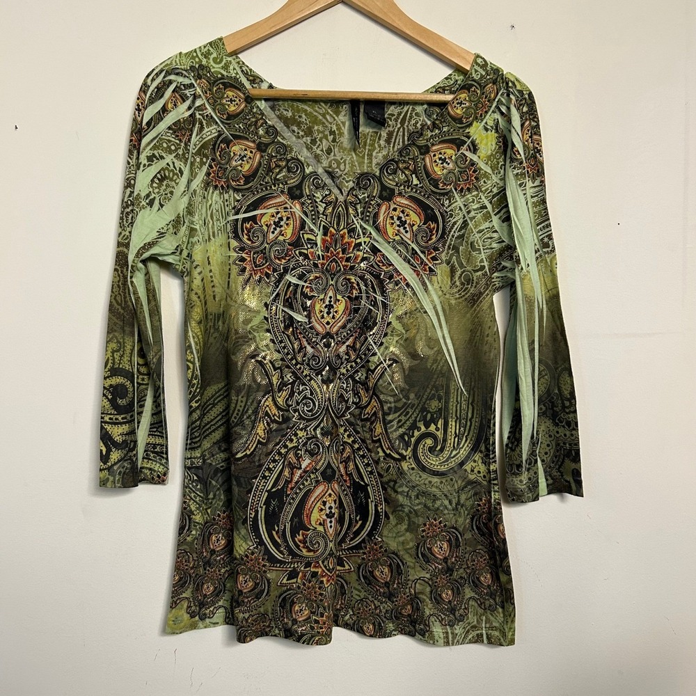 Saint Tropez West Top Green Paisley Gold Foil V-Neck 3/4 Sleeve‎ PL